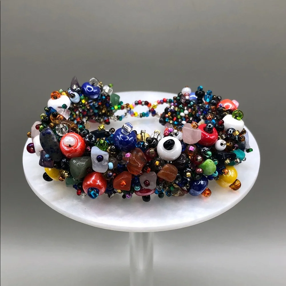Colorful seed bead ceramic and stone gemstone beads boho festival bracelet. - Picture 3 of 9